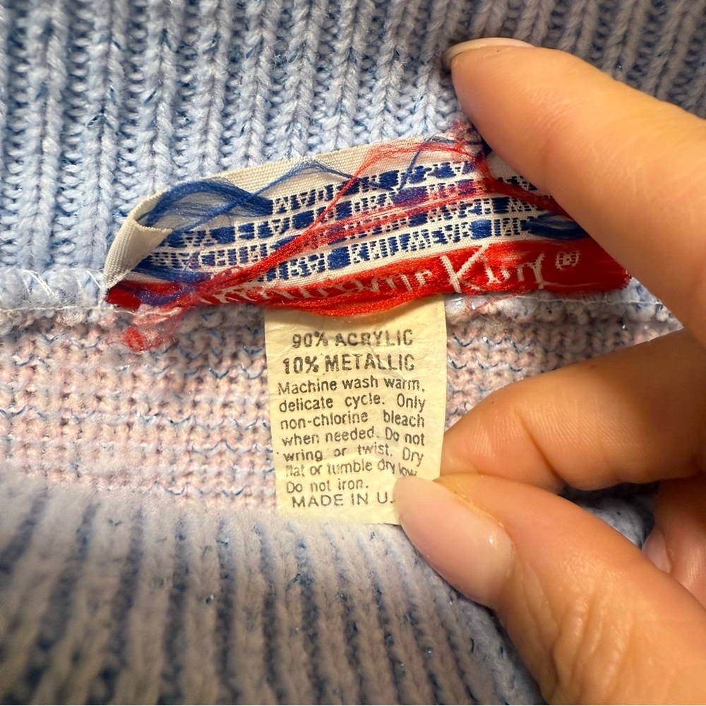 Vtg 80s Light Blue Bird Cherry Blossom Metallic Shimmer Knit Sweater Pastel L/M - Picture 5 of 7